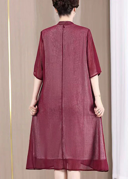 Chinese Style Wine Red Stand Collar Embroideried Patchwork Dress Summer - Image 4