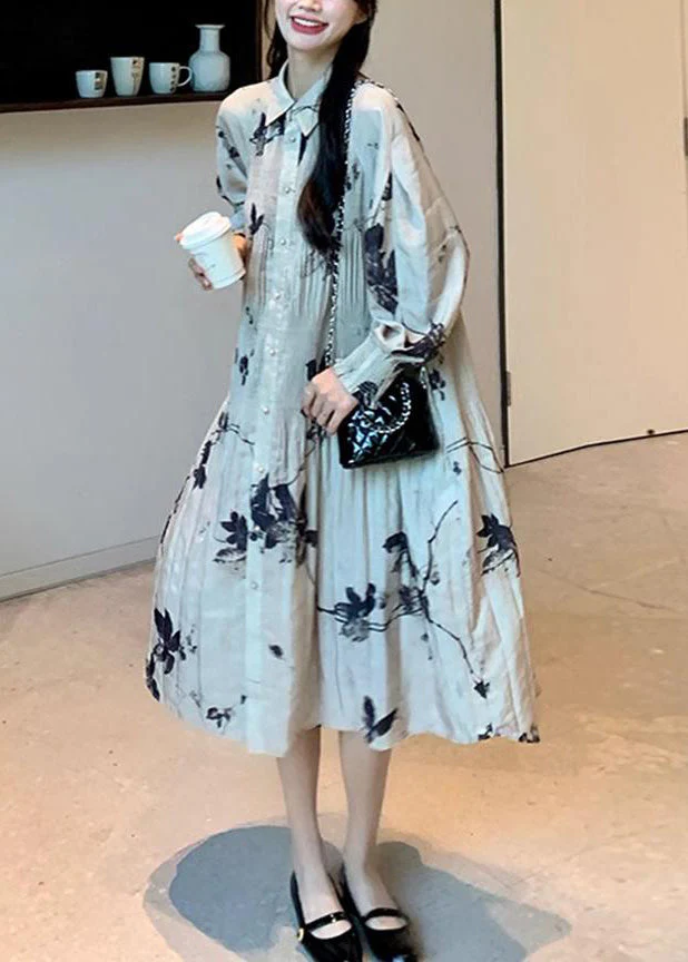 Chinese Style Wrinkled Print Button Collar Long Dresses Lantern Sleeve - Image 3