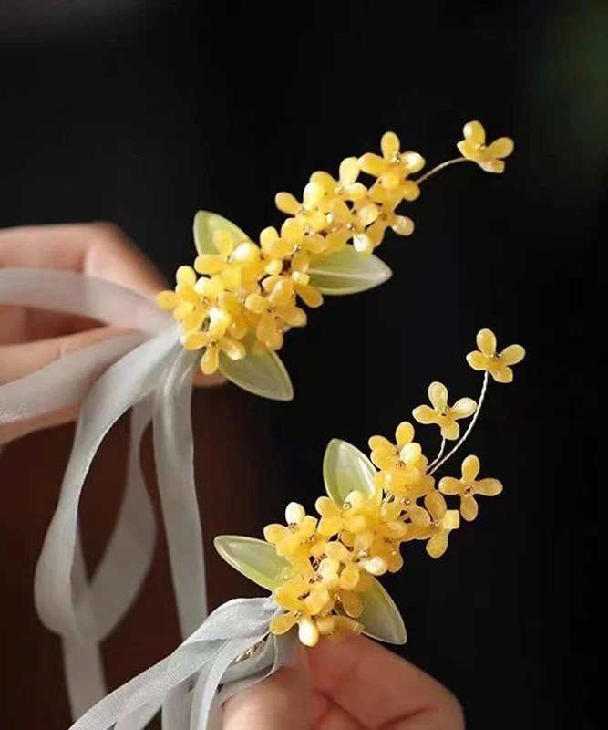 Chinese Style Yellow Alloy Tulle Osmanthus Ribbon A Pair Hairpin - Image 4