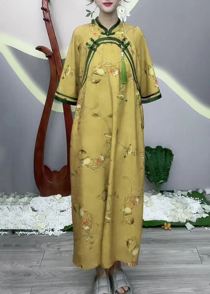 Chinese Style Yellow Button Print Cotton Long Dress Half Sleeve - Image 2