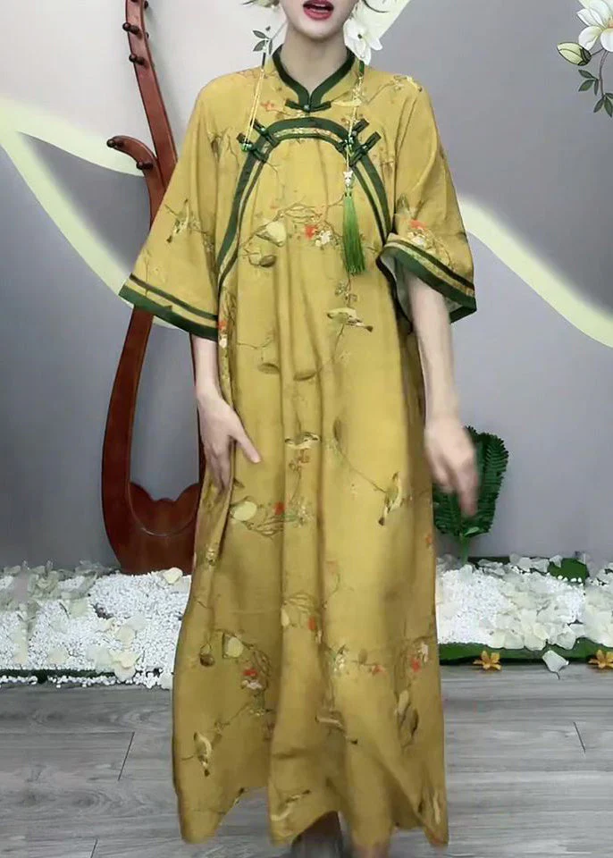 Chinese Style Yellow Button Print Cotton Long Dress Half Sleeve - Image 3