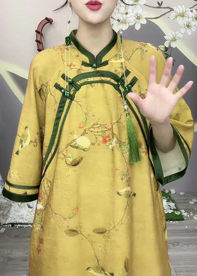 Chinese Style Yellow Button Print Cotton Long Dress Half Sleeve - Image 4