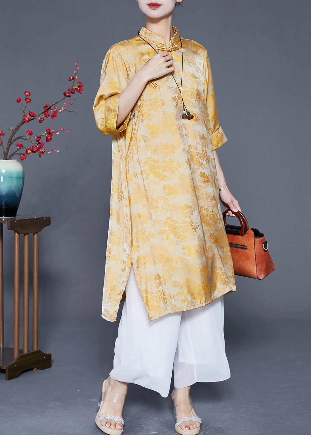 Chinese Style Yellow Jacquard Side Open Silk Dresses Summer - Image 3