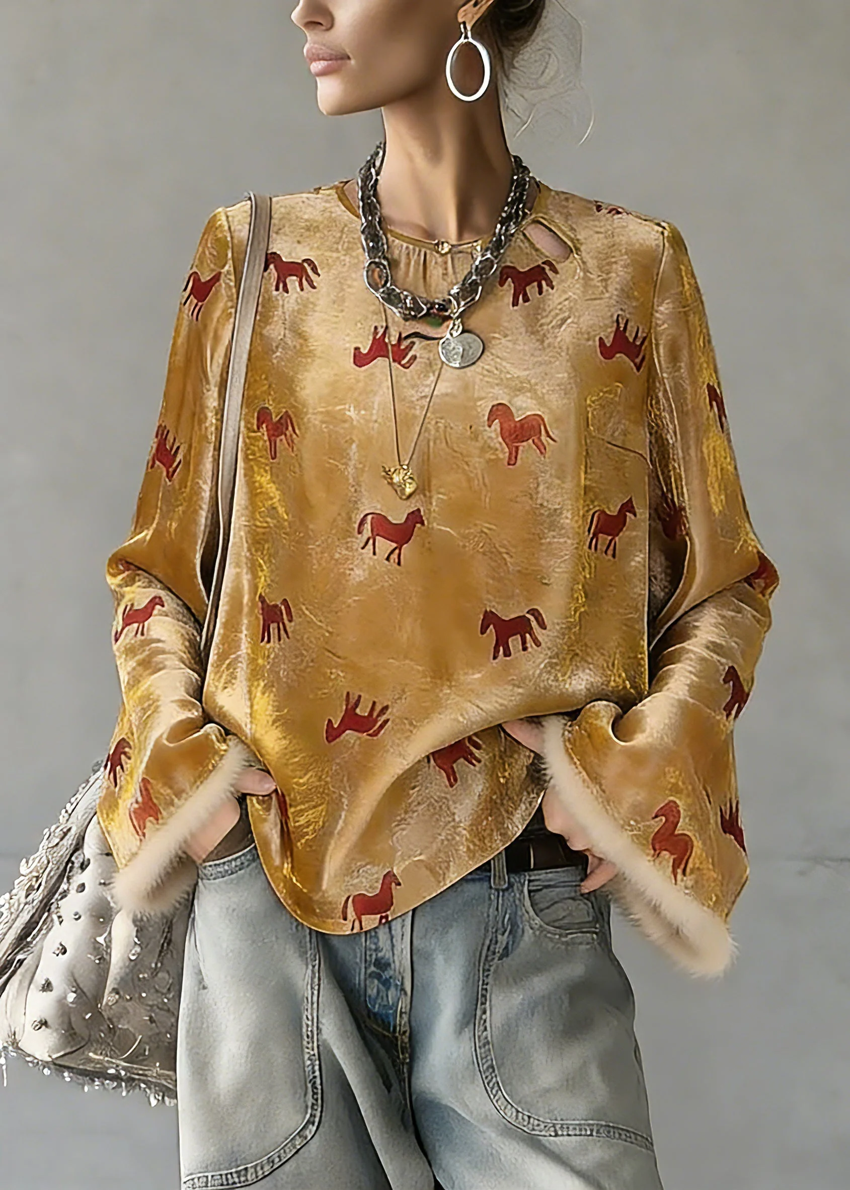 Chinese Style Yellow Print Button Silk Cotton Top Spring - Image 3