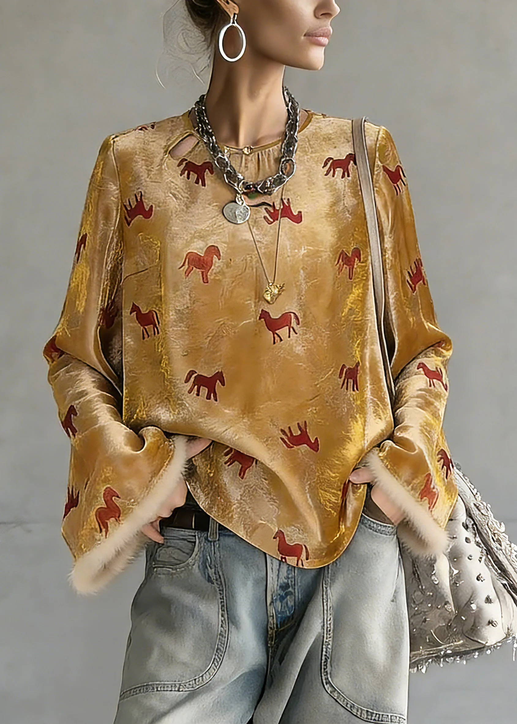 Chinese Style Yellow Print Button Silk Cotton Top Spring - Image 5