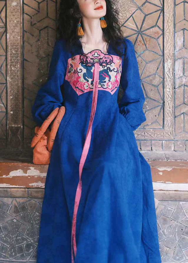 Chinese Style Yellow Square Collar Embroideried Cotton Dresses Spring - Image 2