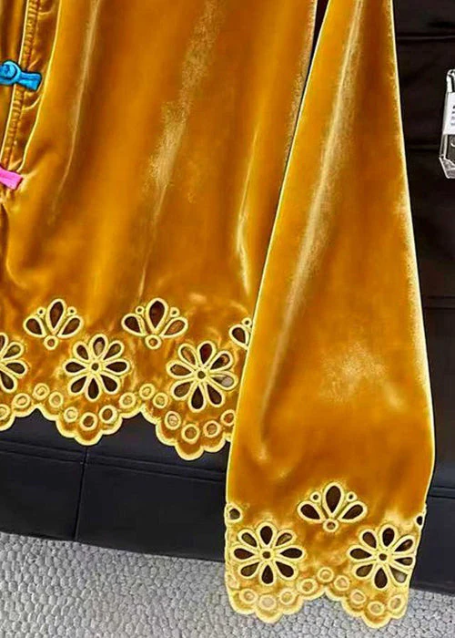 Chinese Style Yellow Stand Collar Hollow Out Silk Velour Shirts Fall - Image 3