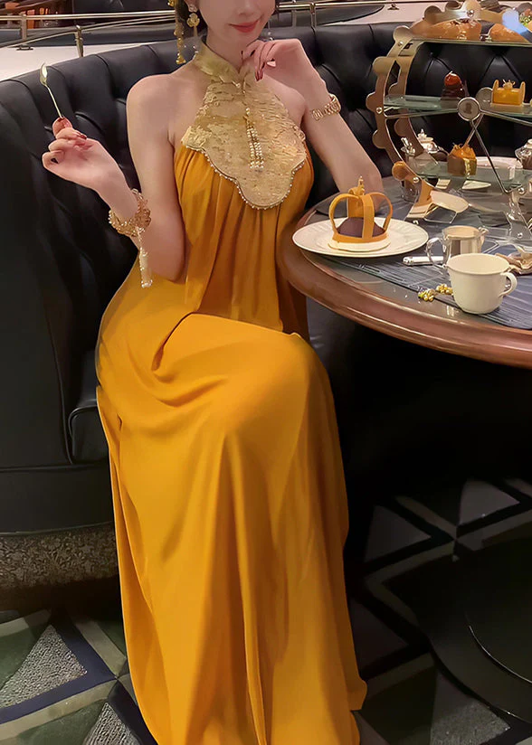 Chinese Style Yellow Stand Collar Patchwork Long Dress Summer - Image 2