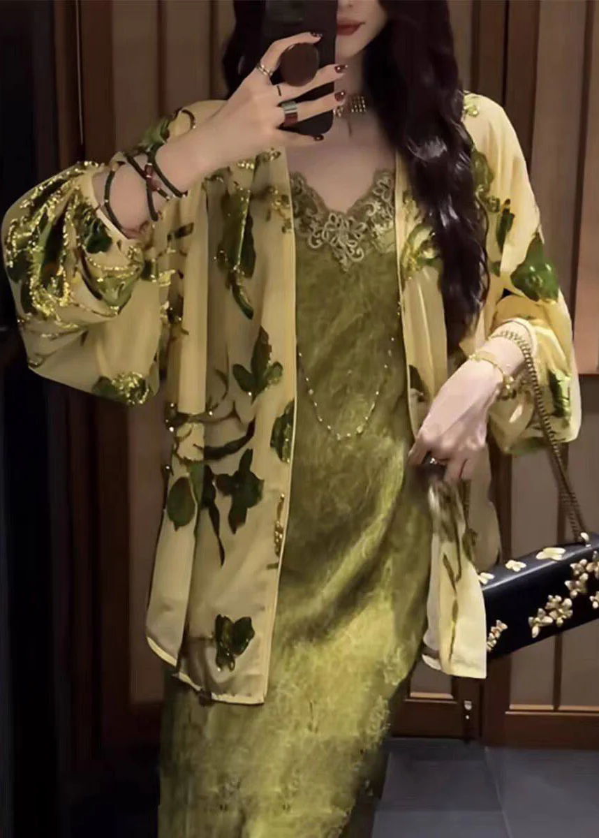 Chinese Style Yellow V Neck Print Silk Velvet Cardigans Long Sleeve - Image 2