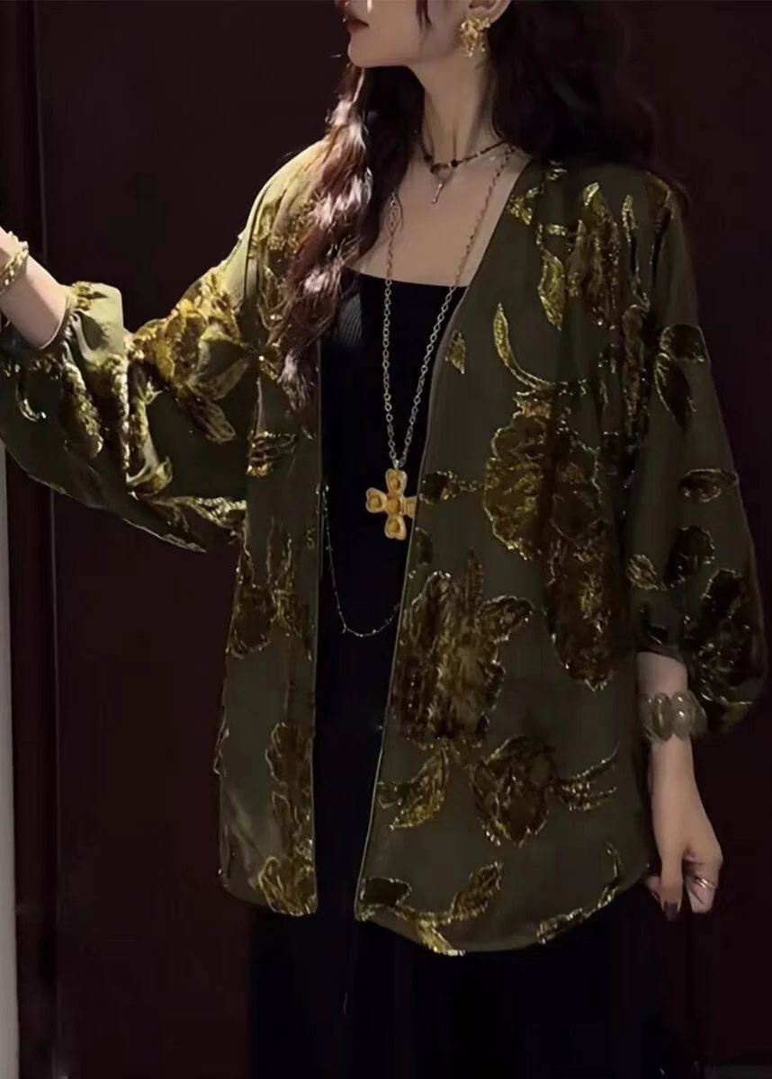 Chinese Style Yellow V Neck Print Silk Velvet Cardigans Long Sleeve - Image 3