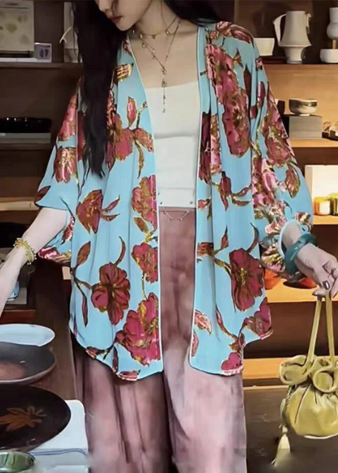 Chinese Style Yellow V Neck Print Silk Velvet Cardigans Long Sleeve - Image 4