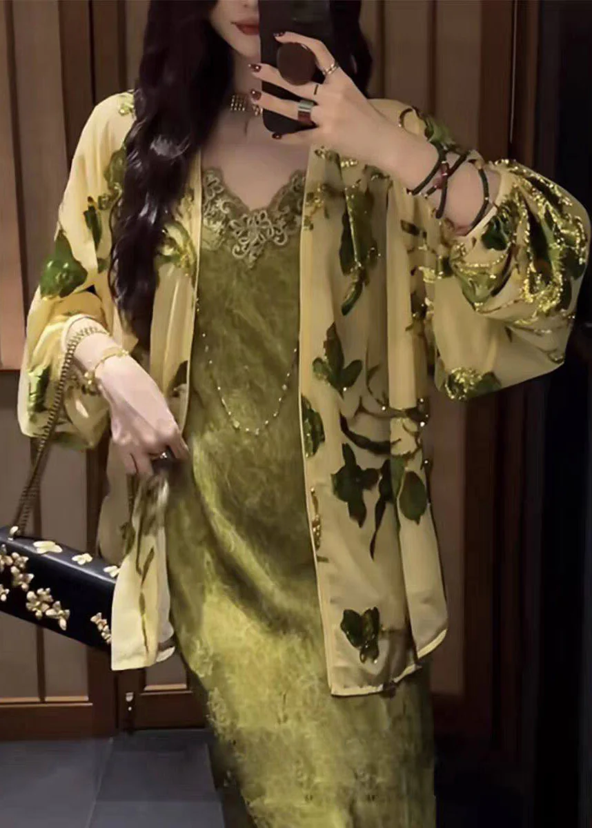 Chinese Style Yellow V Neck Print Silk Velvet Cardigans Long Sleeve - Image 5