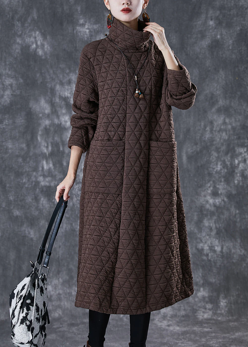 Chocolate Fine Cotton Filled Maxi Dresses Turtle Neck Winter - Image 2