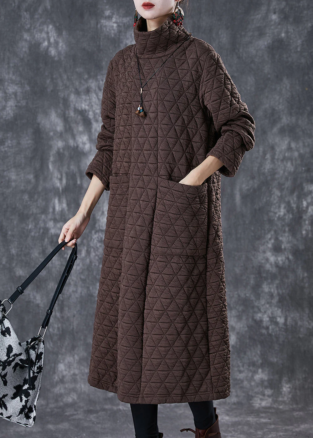 Chocolate Fine Cotton Filled Maxi Dresses Turtle Neck Winter - Image 3