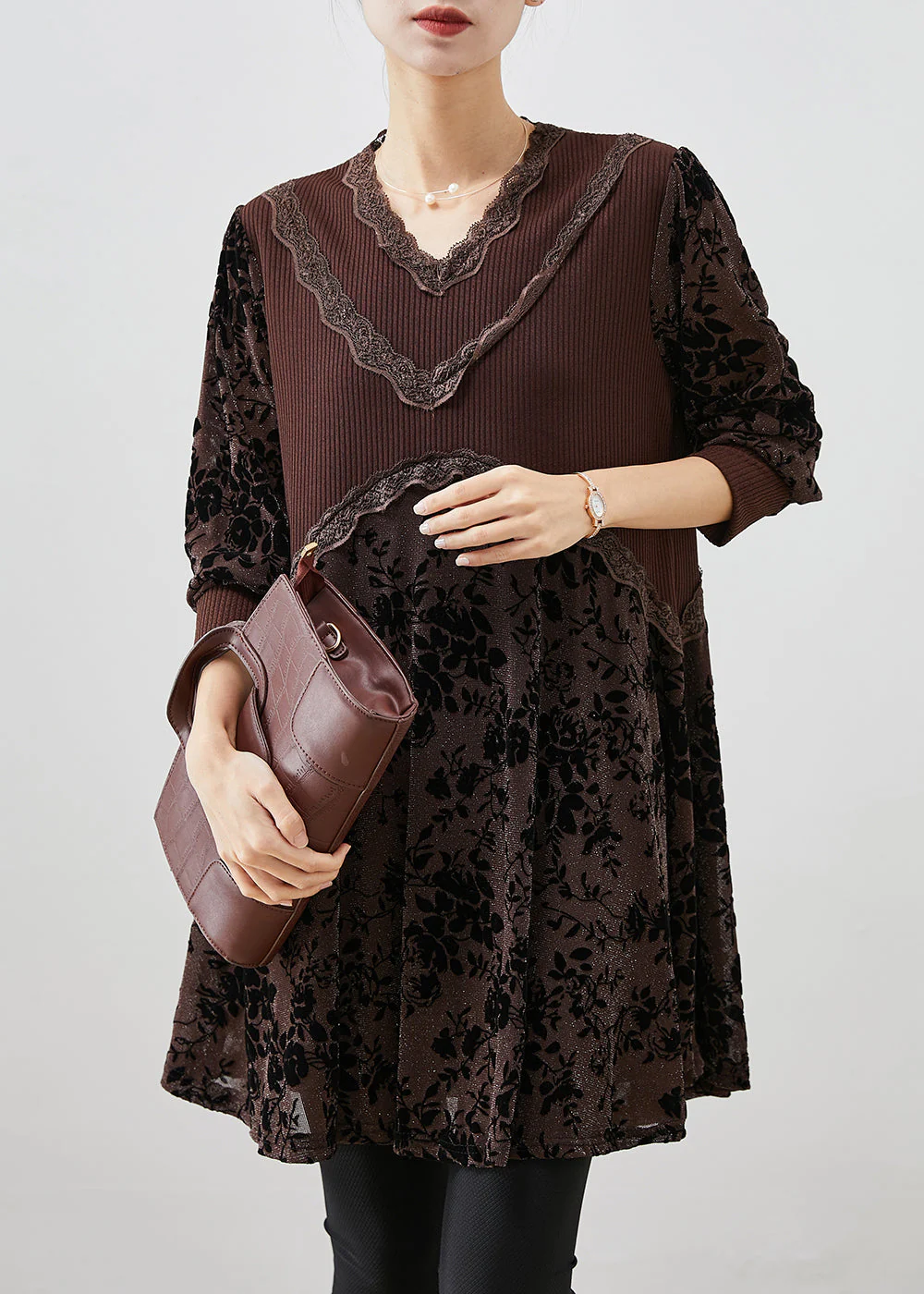 Chocolate Jacquard Patchwork Silk Velour Dresses V Neck Fall - Image 2