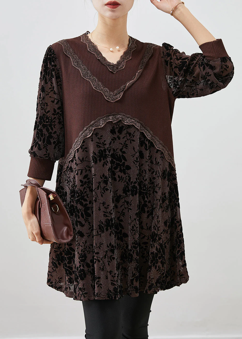 Chocolate Jacquard Patchwork Silk Velour Dresses V Neck Fall - Image 3