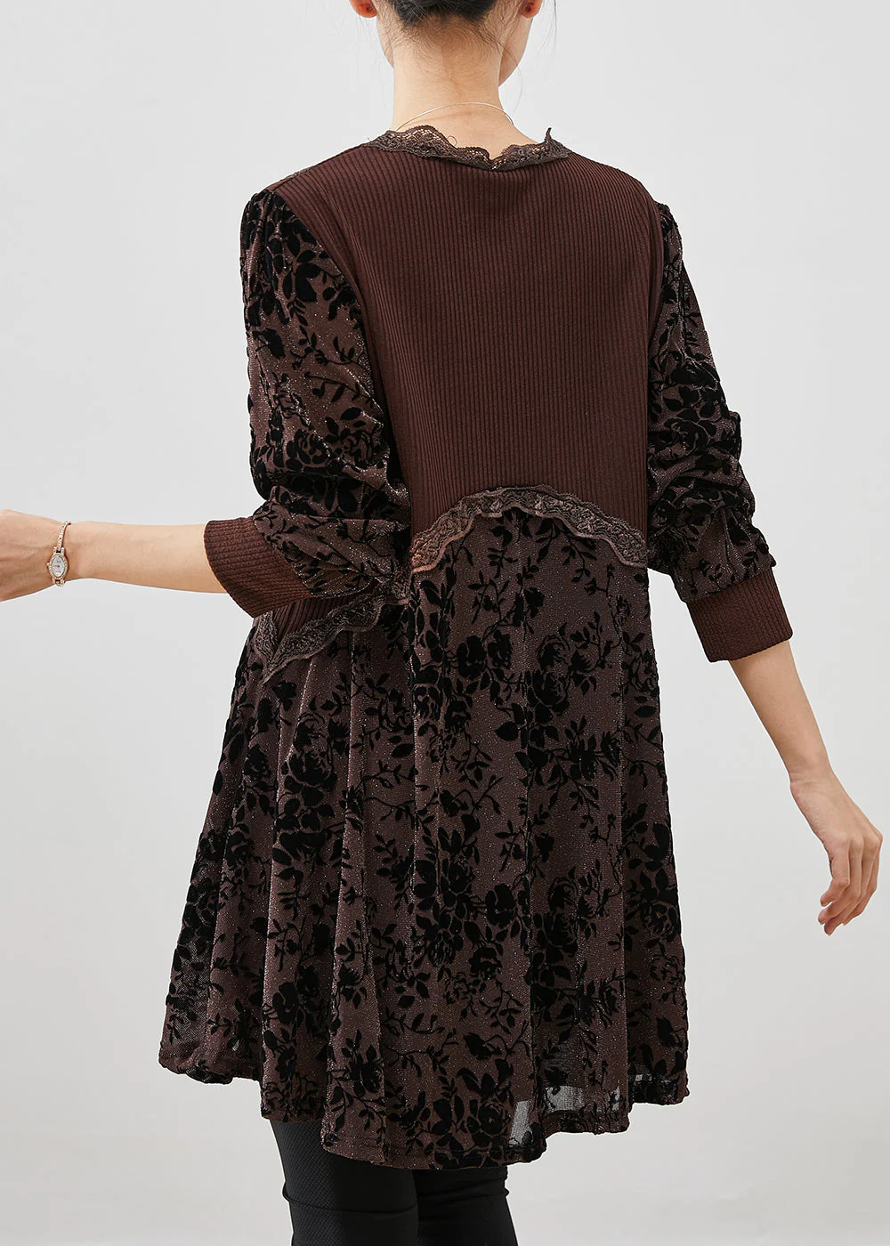 Chocolate Jacquard Patchwork Silk Velour Dresses V Neck Fall - Image 4