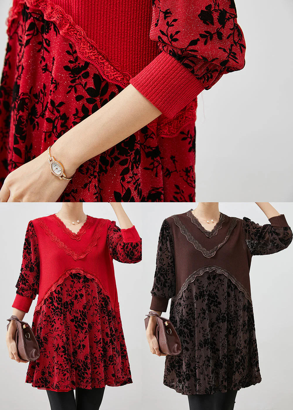 Chocolate Jacquard Patchwork Silk Velour Dresses V Neck Fall - Image 5