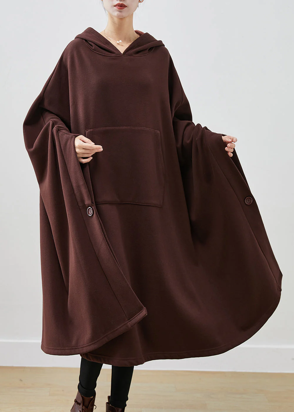Chocolate Loose Cotton Lengthen Sweatshirt Dress Asymmetrical Winter - Image 3