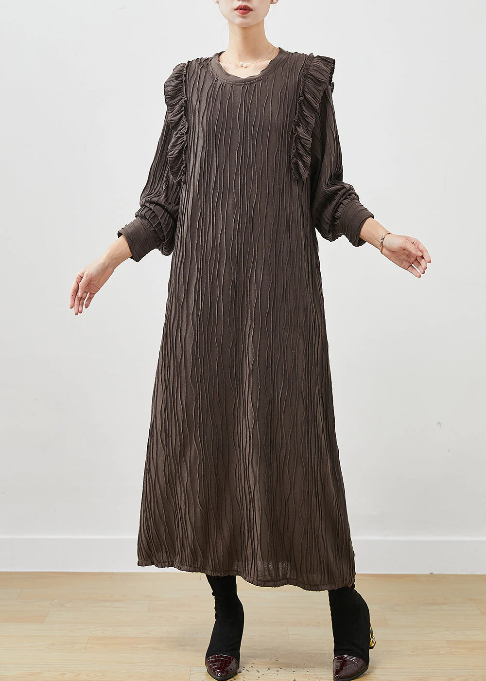 Chocolate Patchwork Cotton Pleated Dress Ruffled Spring - Image 2