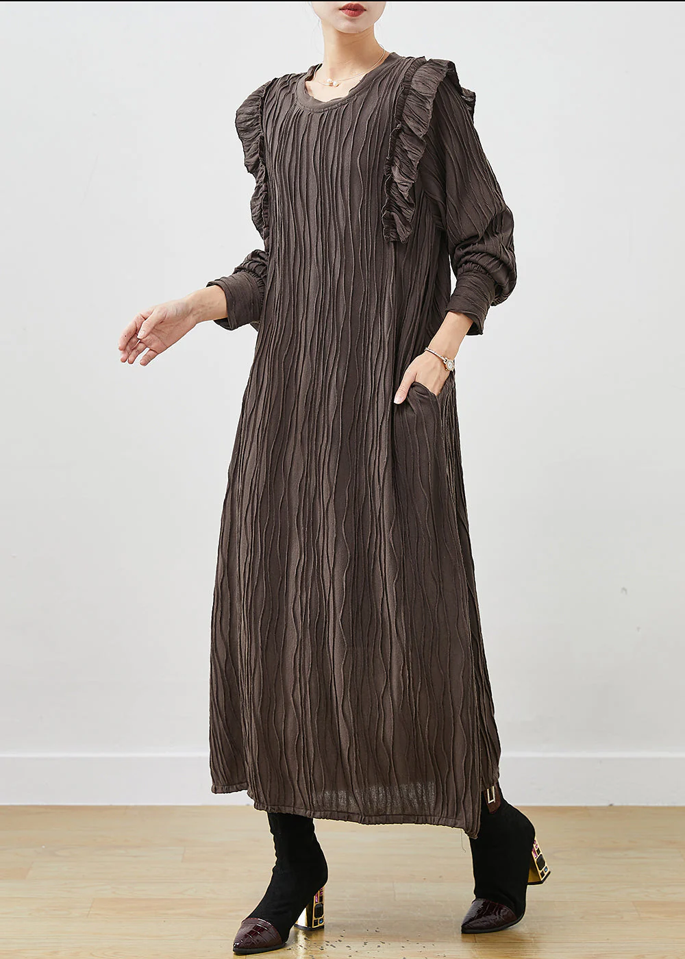 Chocolate Patchwork Cotton Pleated Dress Ruffled Spring - Image 3
