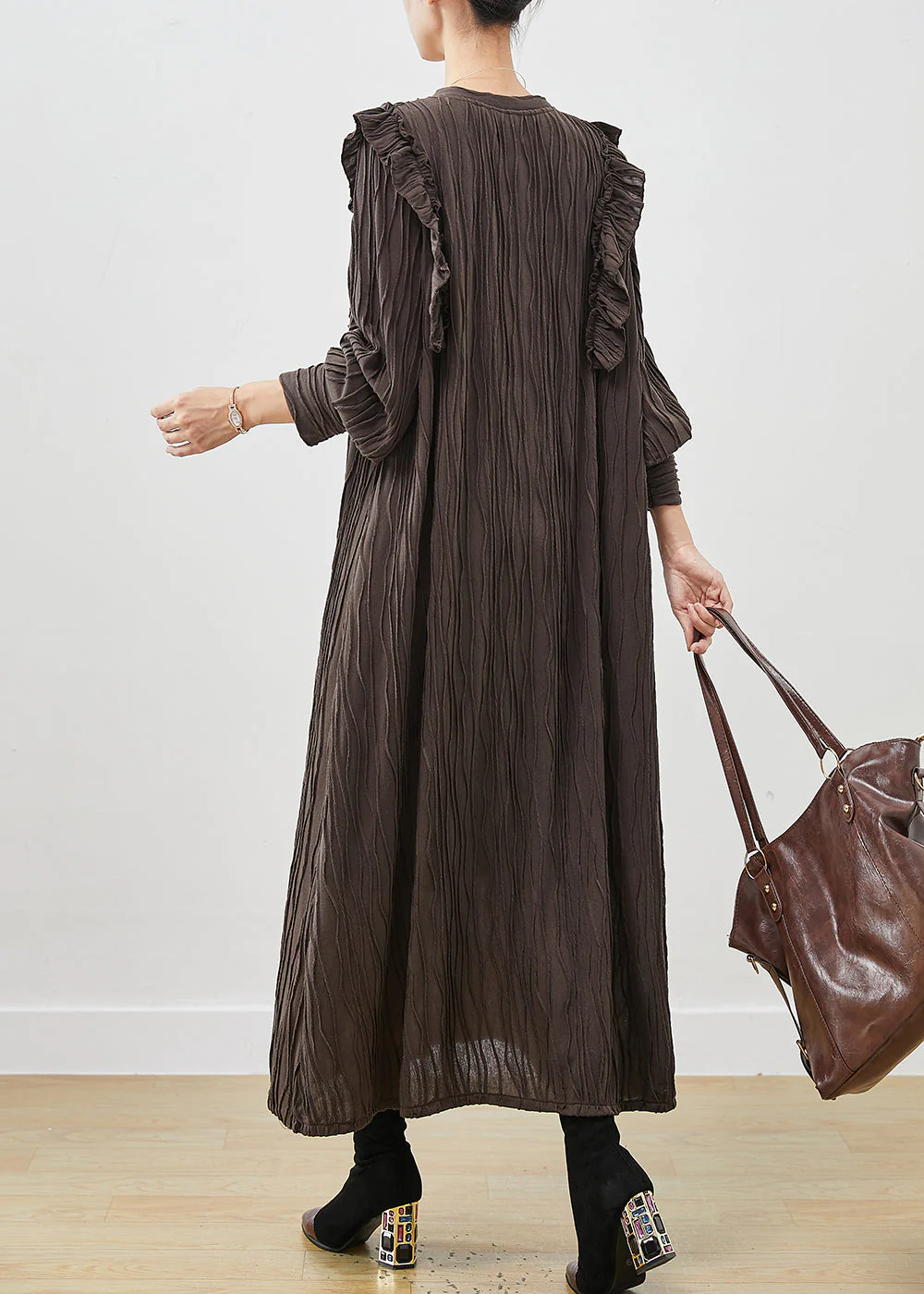 Chocolate Patchwork Cotton Pleated Dress Ruffled Spring - Image 4