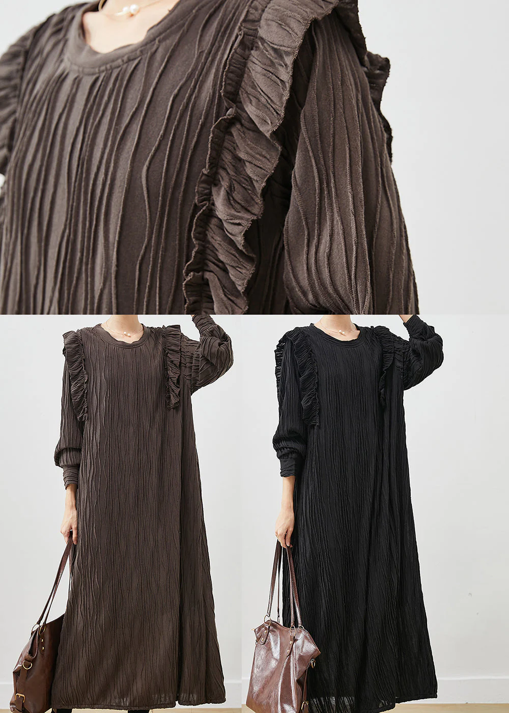 Chocolate Patchwork Cotton Pleated Dress Ruffled Spring - Image 5