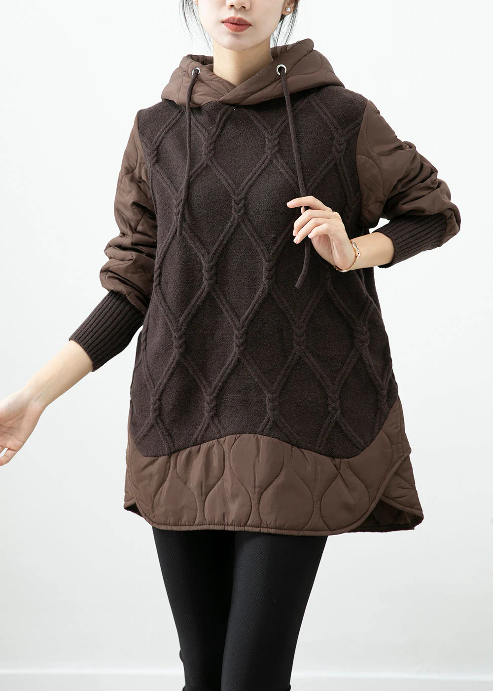 Chocolate Patchwork Knit Fine Cotton Filled Pullover Streetwear Dress Hooded Winter - Image 2
