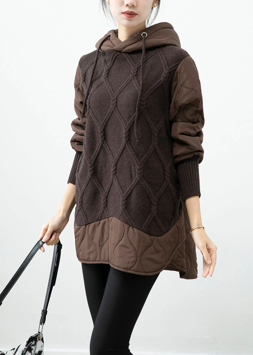 Chocolate Patchwork Knit Fine Cotton Filled Pullover Streetwear Dress Hooded Winter - Image 3