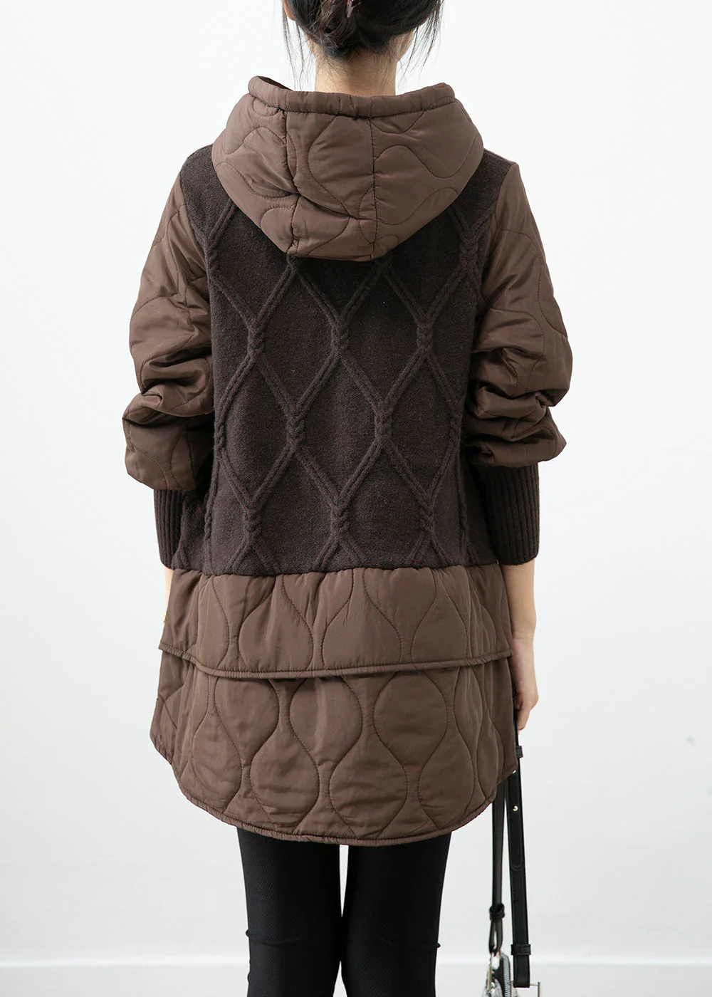 Chocolate Patchwork Knit Fine Cotton Filled Pullover Streetwear Dress Hooded Winter - Image 4