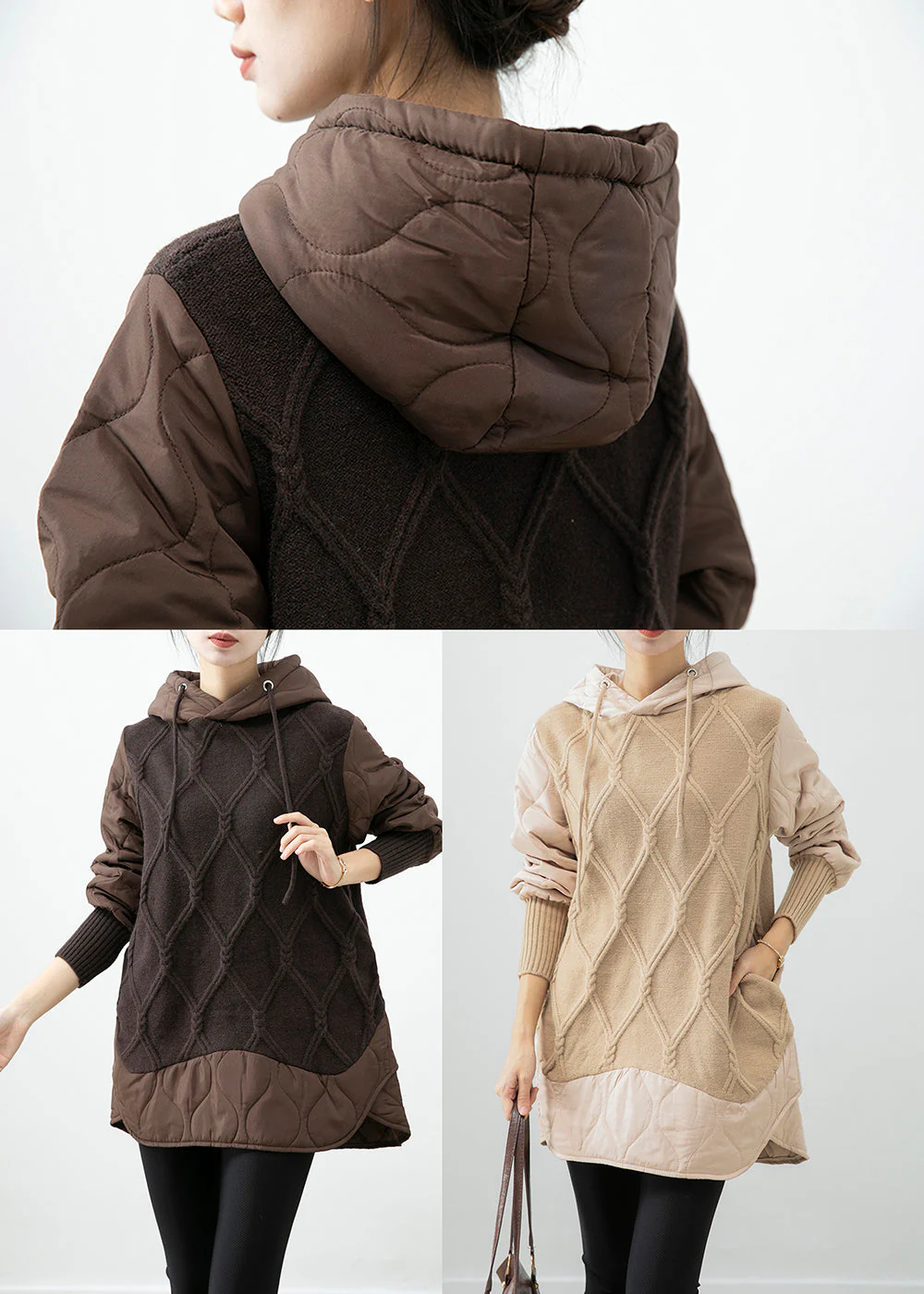 Chocolate Patchwork Knit Fine Cotton Filled Pullover Streetwear Dress Hooded Winter - Image 5