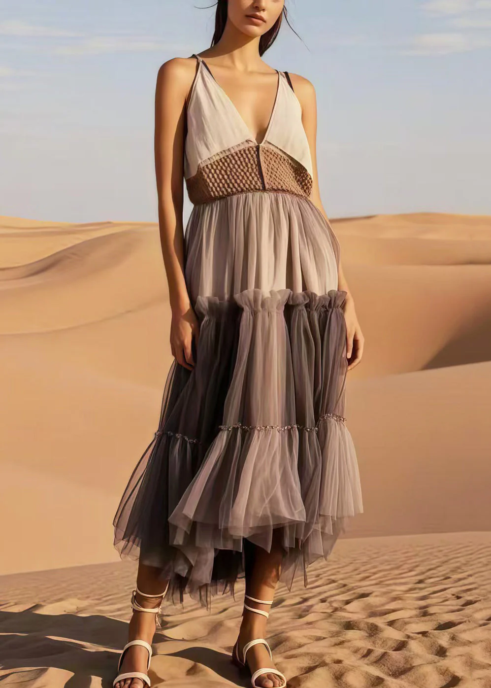 Chocolate Patchwork Tulle Holiday Sundress V Neck Summer - Image 3