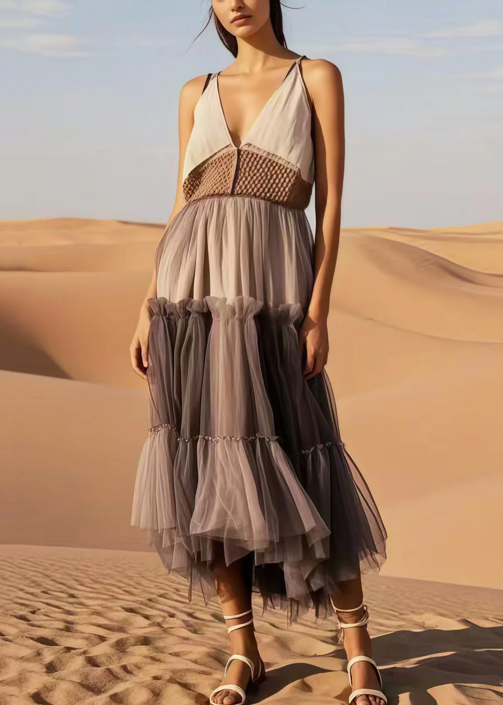 Chocolate Patchwork Tulle Holiday Sundress V Neck Summer - Image 5