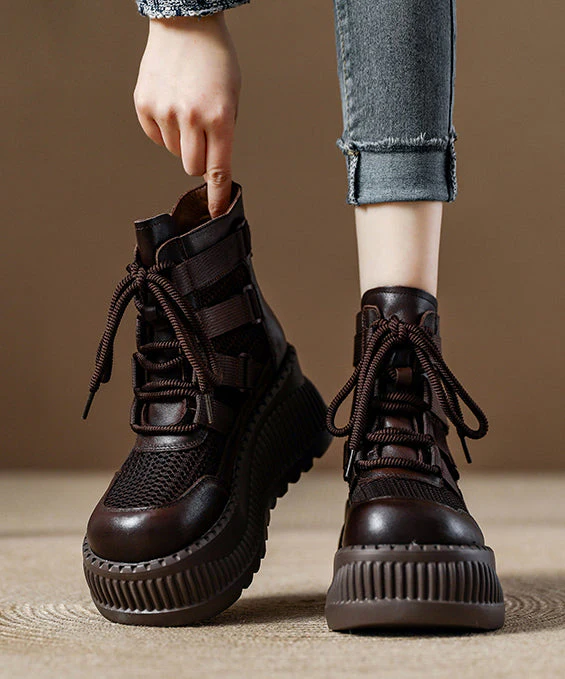 Chocolate Platform Breathable Mesh Handmade Splicing Boots - Image 4