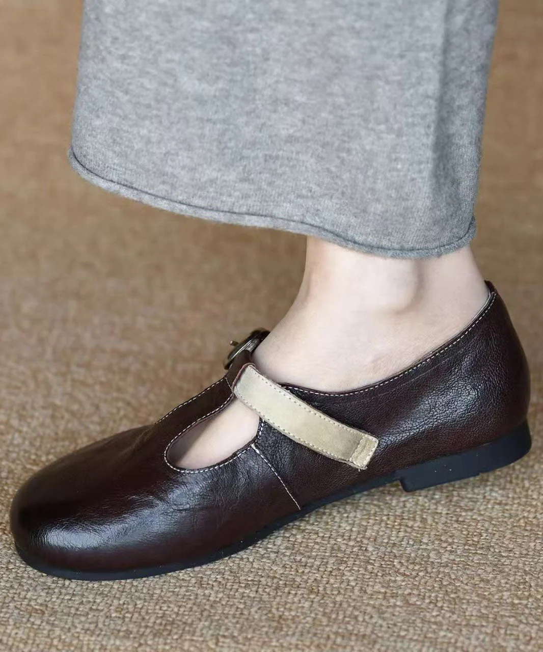 Chocolate Sheepskin Flat Shoes Splicing Buckle Strap - Image 2