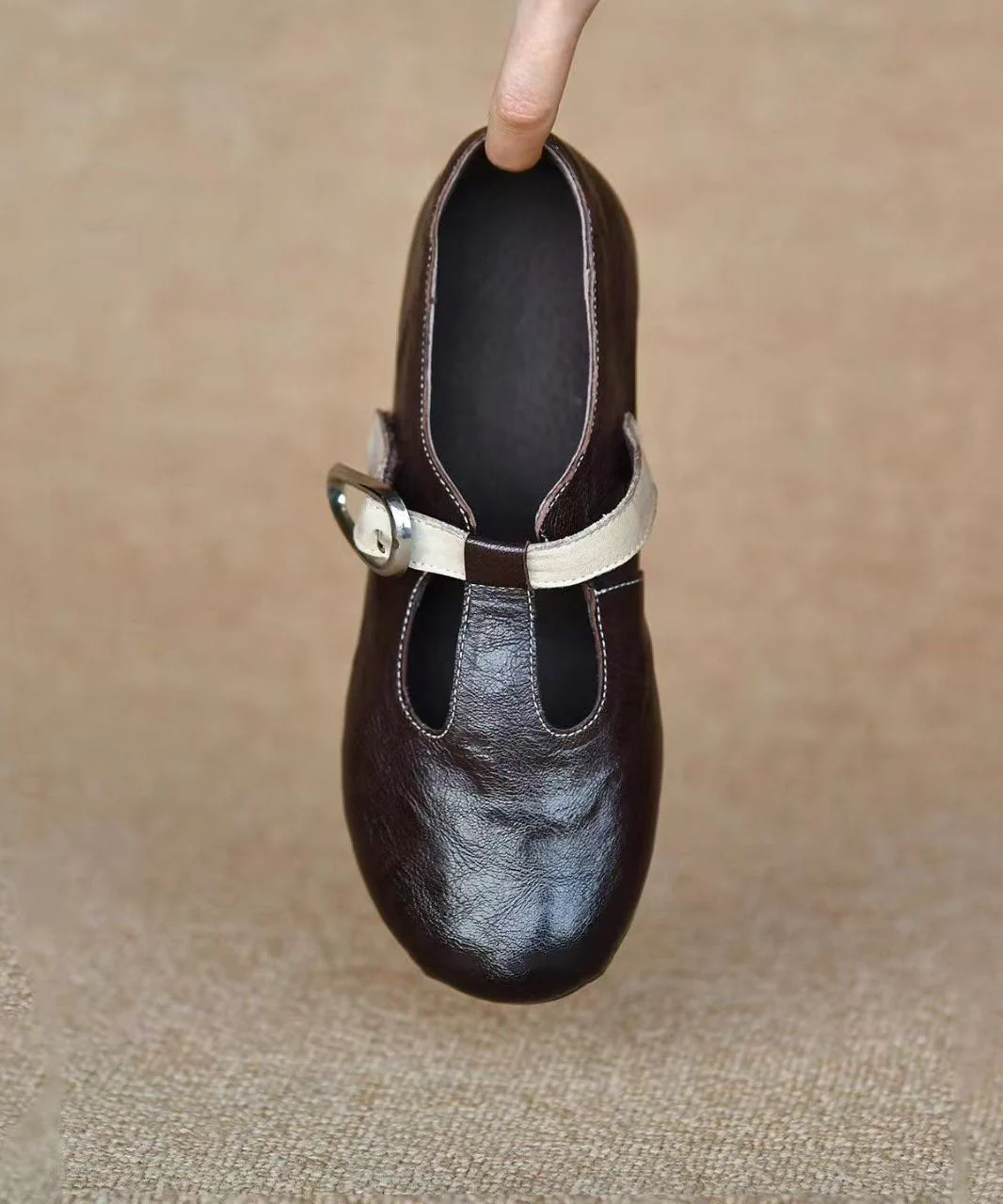 Chocolate Sheepskin Flat Shoes Splicing Buckle Strap - Image 4