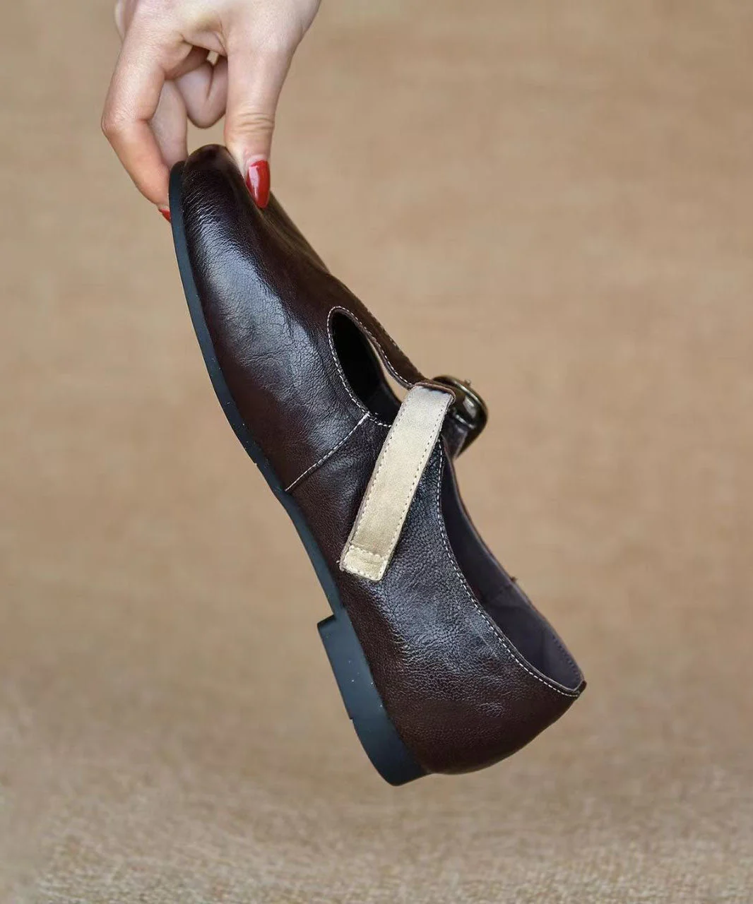 Chocolate Sheepskin Flat Shoes Splicing Buckle Strap - Image 5