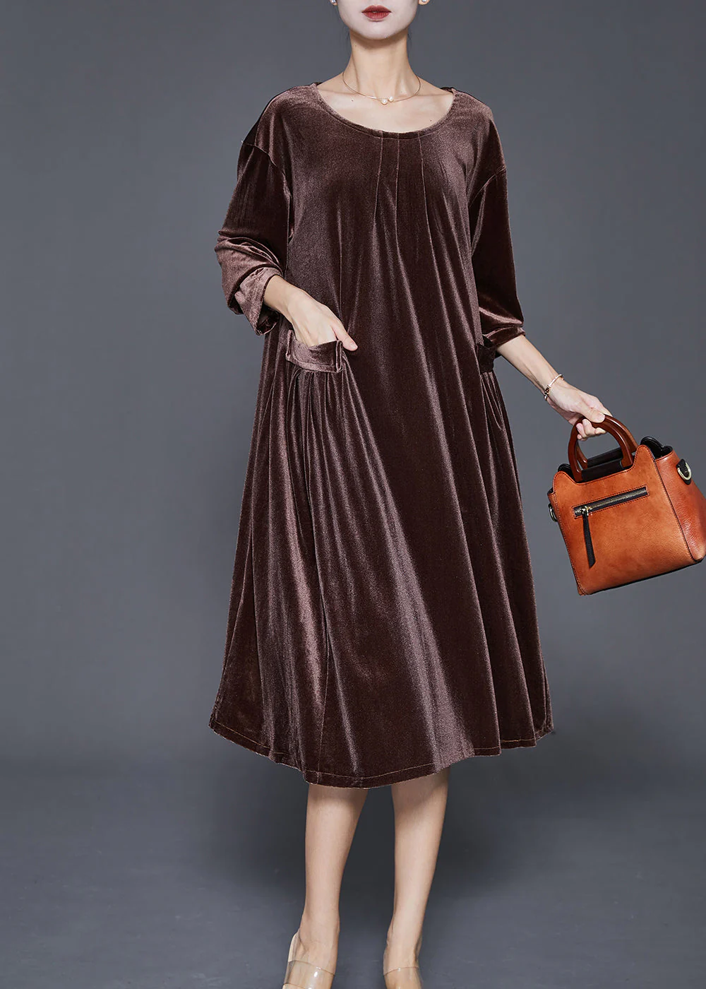 Chocolate Silk Velour Mid Dresses Oversized Pockets Fall - Image 2