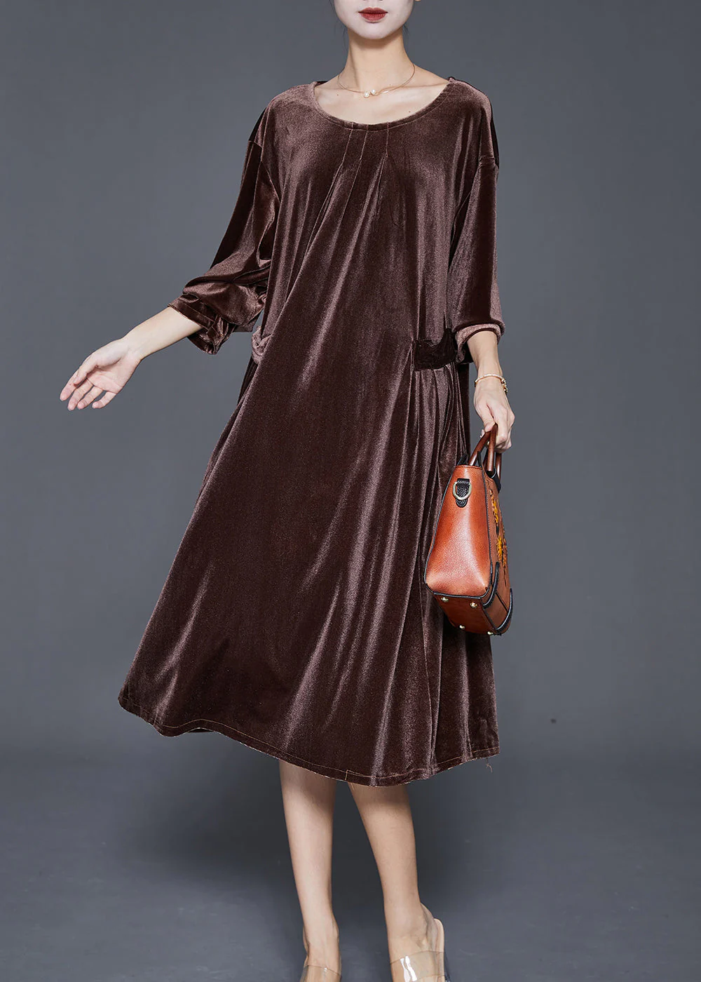 Chocolate Silk Velour Mid Dresses Oversized Pockets Fall - Image 3