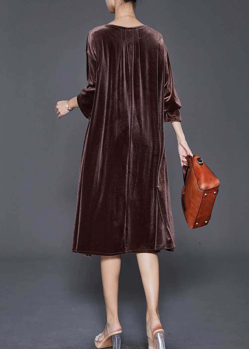 Chocolate Silk Velour Mid Dresses Oversized Pockets Fall - Image 4