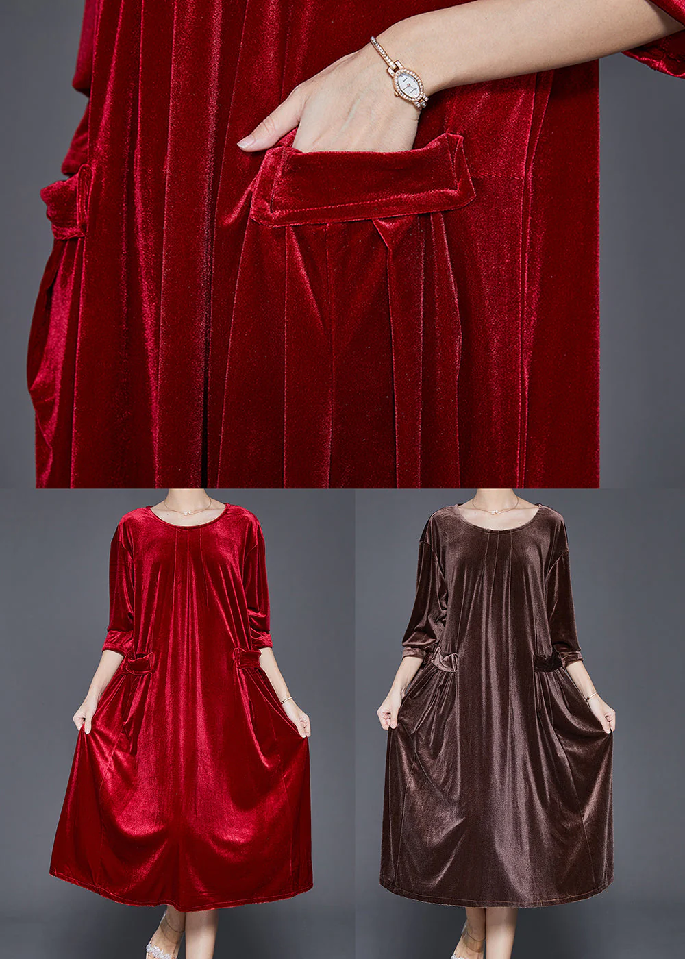 Chocolate Silk Velour Mid Dresses Oversized Pockets Fall - Image 5