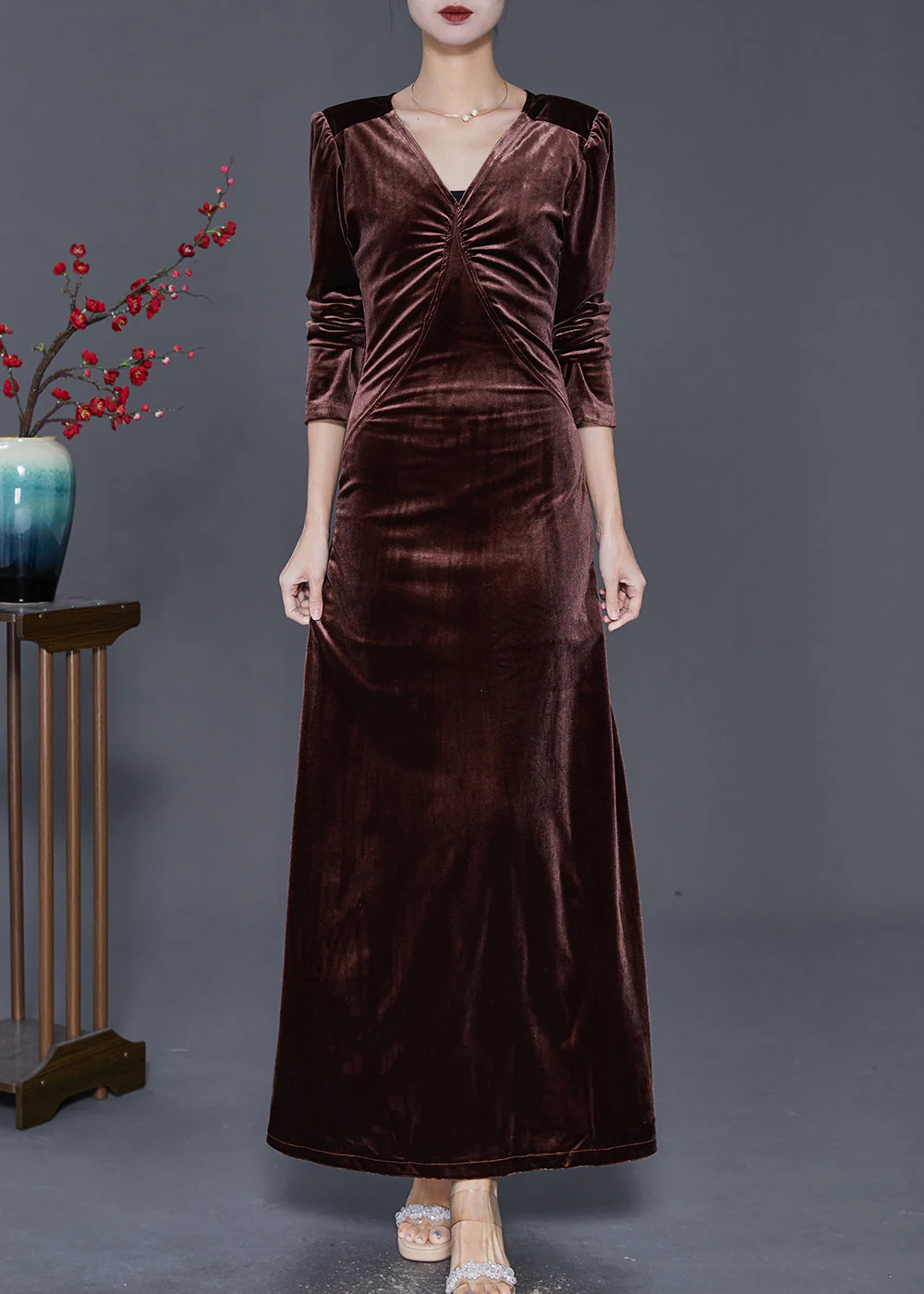 Chocolate Silm Fit Silk Velour Long Dresses V Neck Fall - Image 3