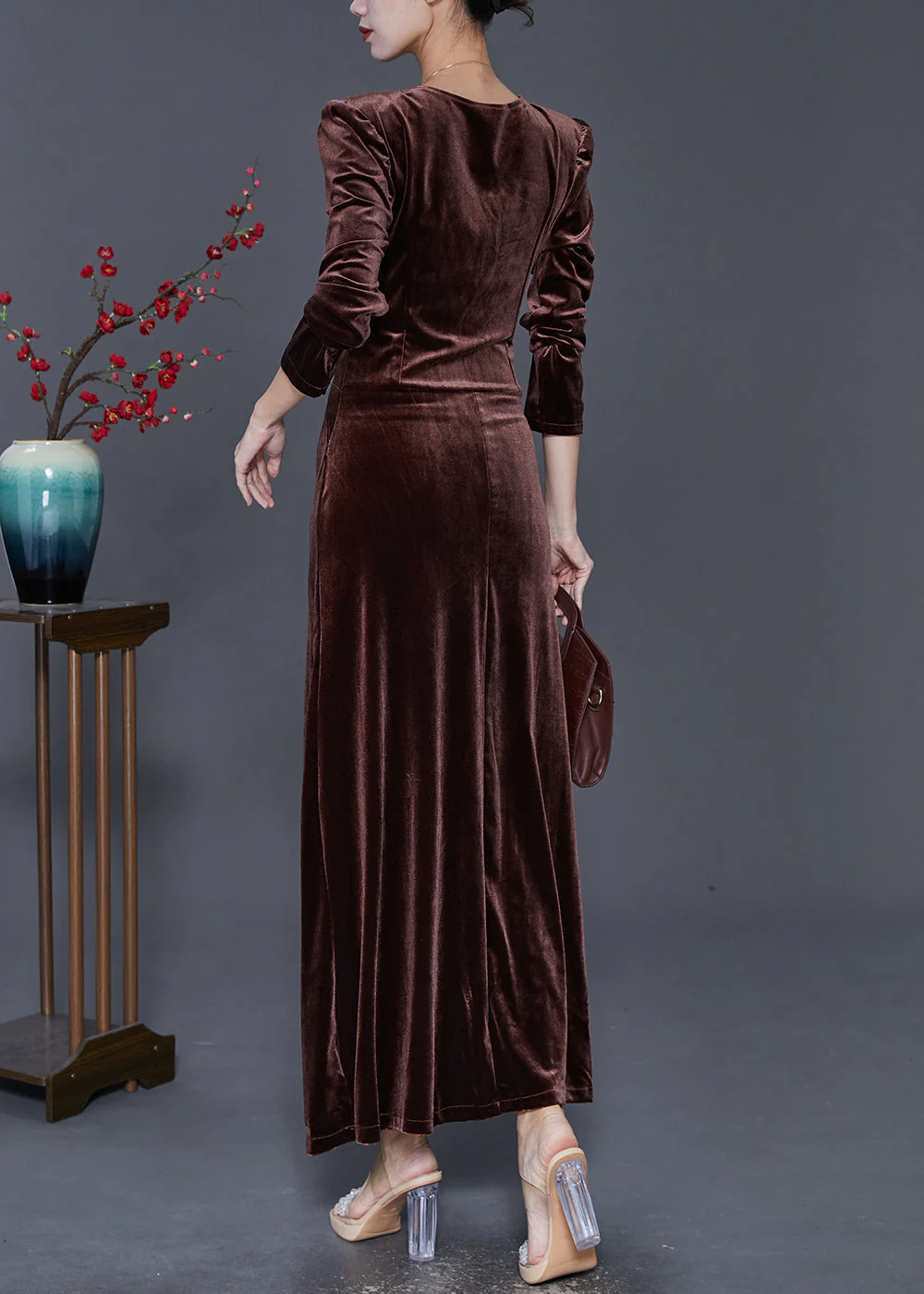Chocolate Silm Fit Silk Velour Long Dresses V Neck Fall - Image 4