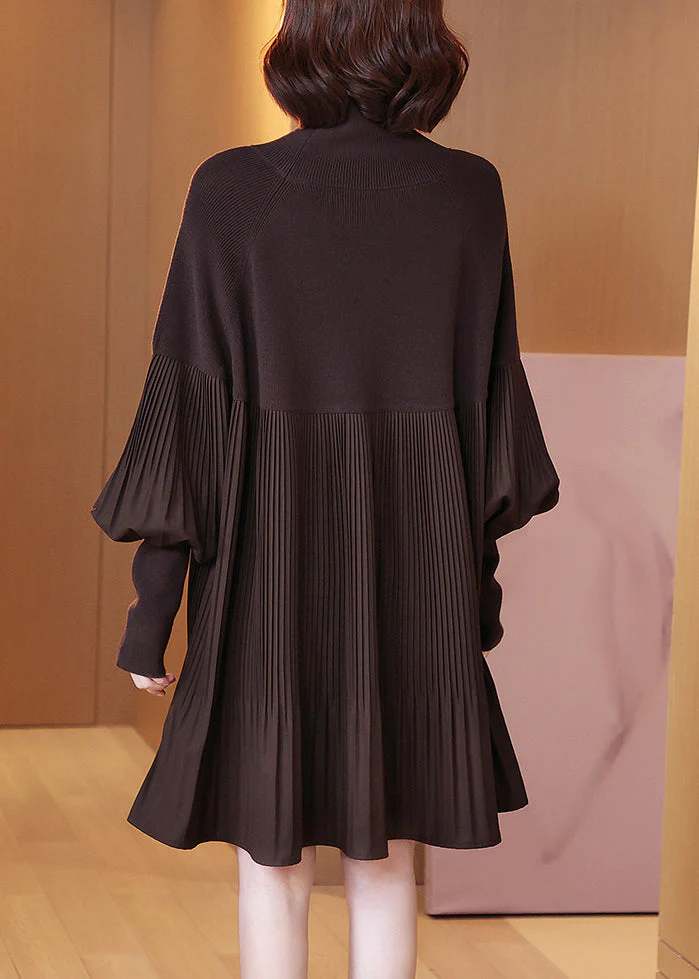 Chocolate Turtleneck Knit Long Dress Lantern Sleeve - Image 4