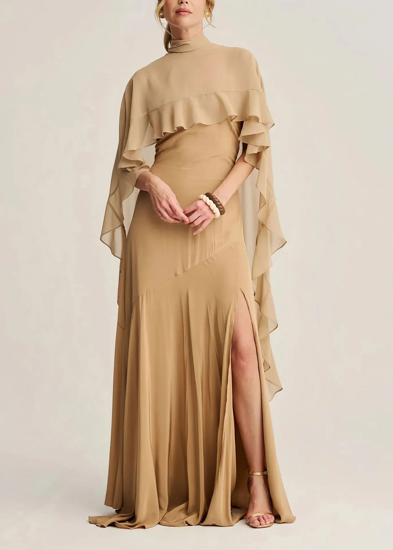 Classy Apricot High Neck Ruffled Chiffon Long Dresses Summer - Image 2
