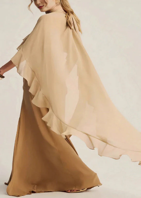 Classy Apricot High Neck Ruffled Chiffon Long Dresses Summer - Image 5