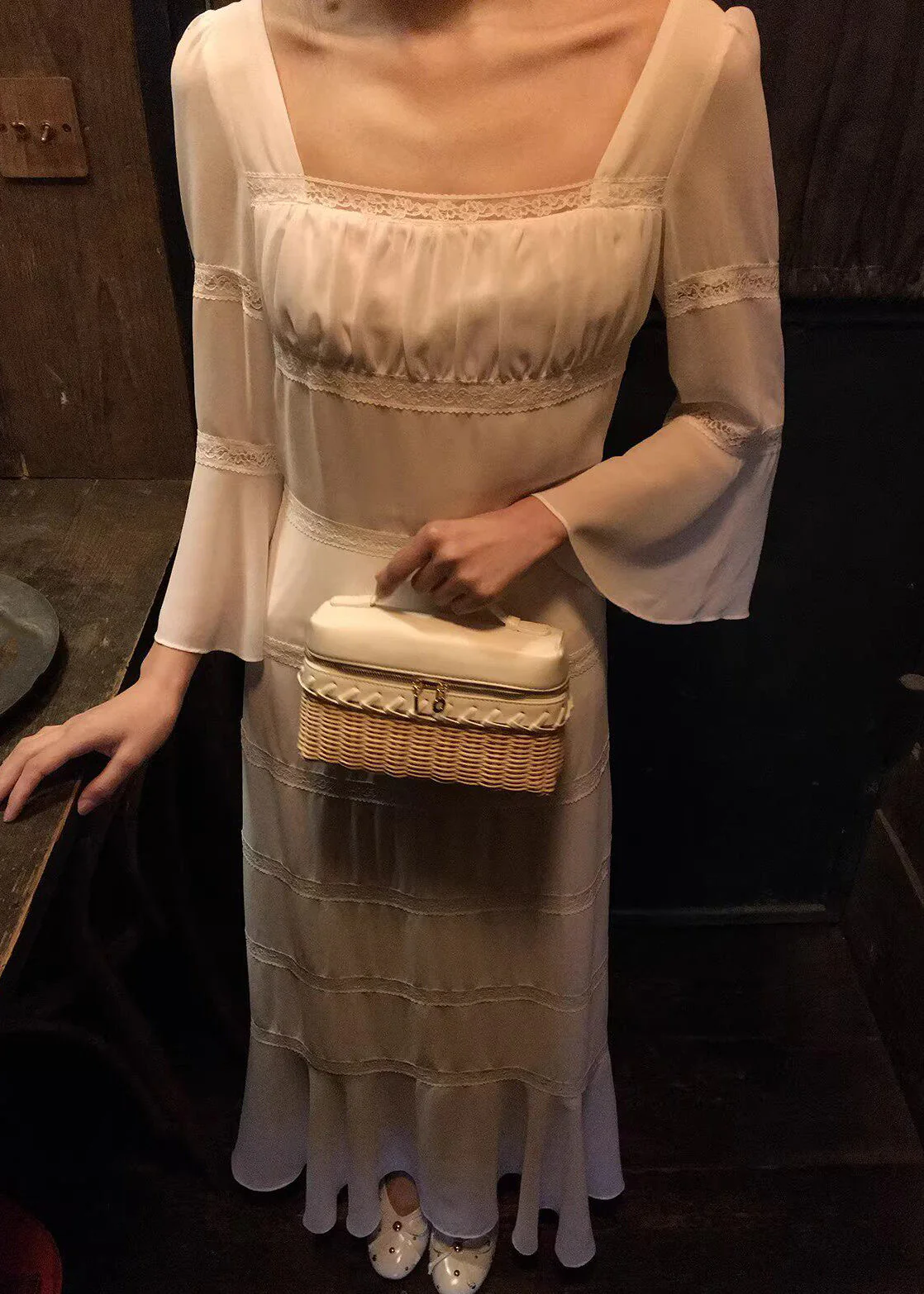 Classy Apricot Square Collar Lace Patchwork Long Dress Flare Sleeve - Image 2