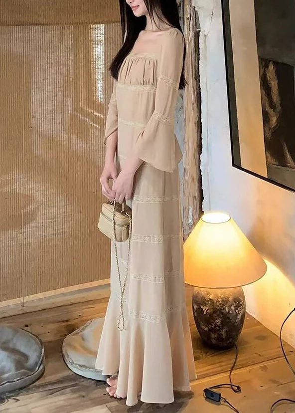 Classy Apricot Square Collar Lace Patchwork Long Dress Flare Sleeve - Image 3
