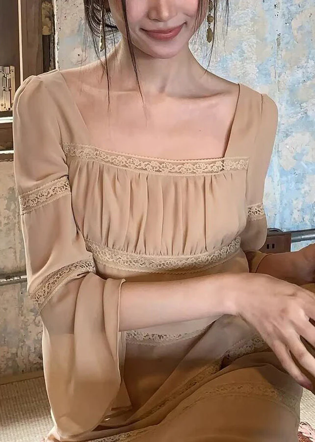 Classy Apricot Square Collar Lace Patchwork Long Dress Flare Sleeve - Image 5