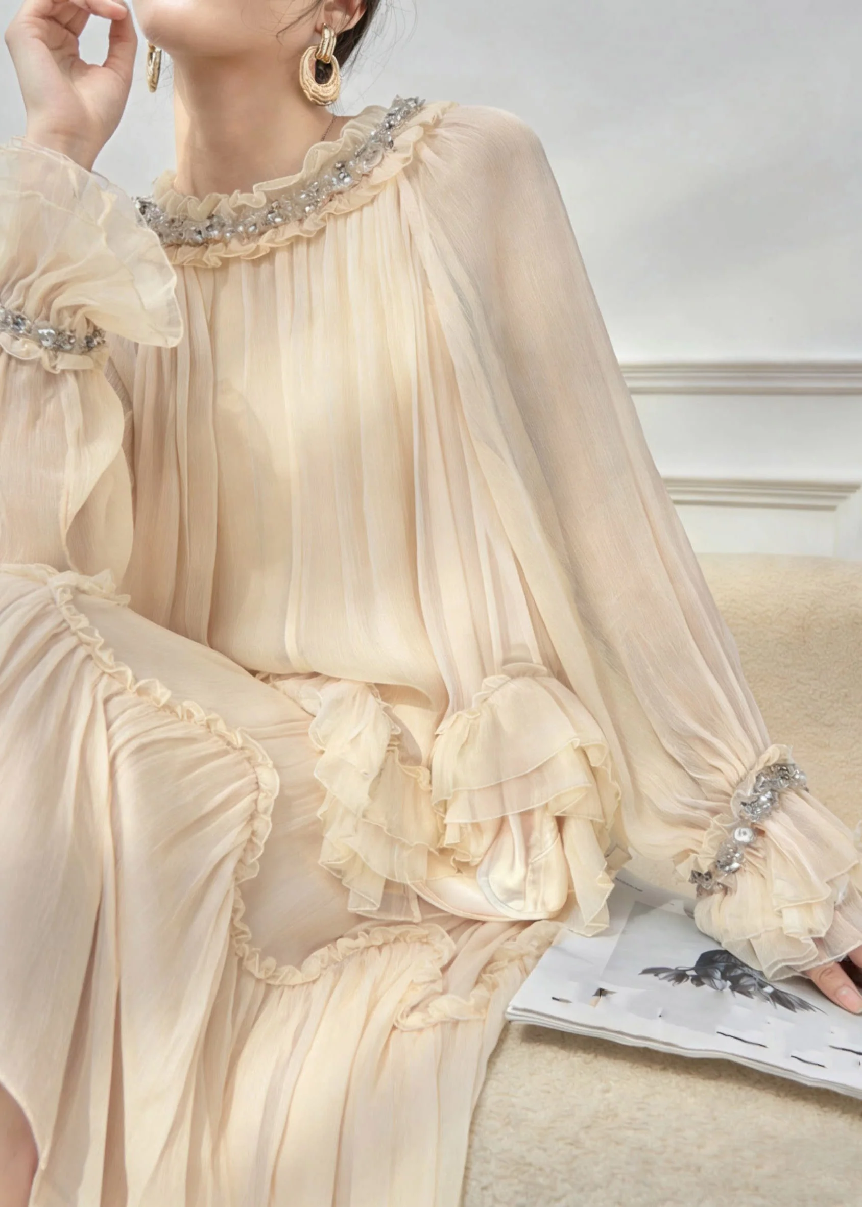 Classy Apricot Turtleneck Wrinkled Silk Shirt And Maxi Skirts Spring - Image 5